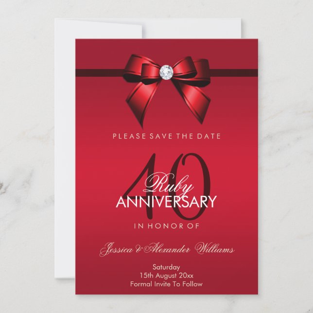 Reserva La Fecha Posh Gem Bow & Ribbon 40º Aniversario de Boda (Anverso)