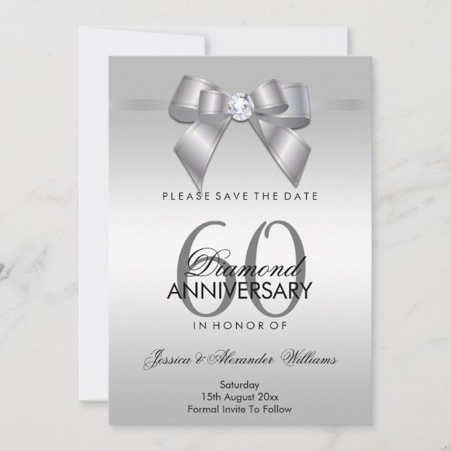 Reserva La Fecha Posh Gem Bow & Ribbon 60º Aniversario de Boda (Anverso)