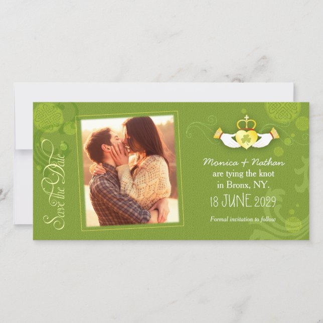 Reserva La Fecha Posh Green Irish Boda Photo Save the Date Card (Anverso)