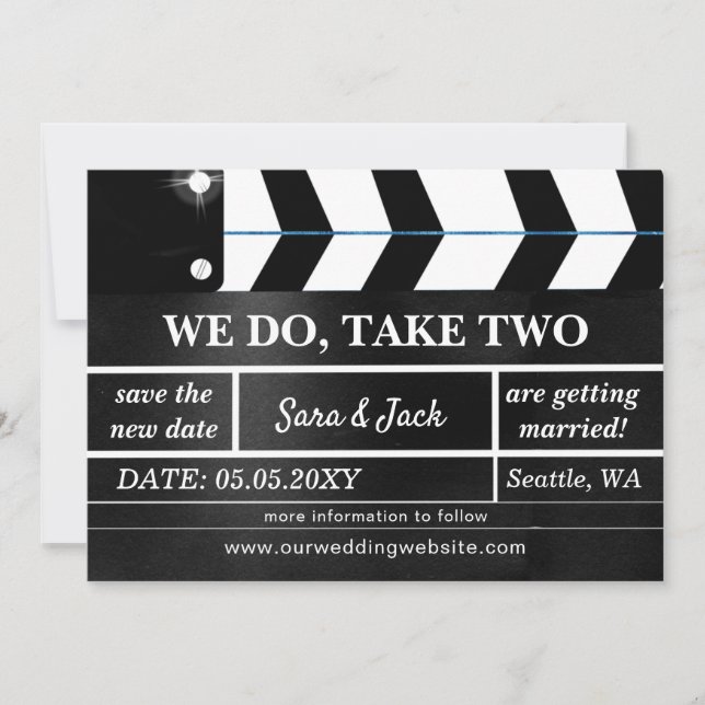 Reserva La Fecha Posponemos boda con claqueta de cine We Do Take Tw (Anverso)