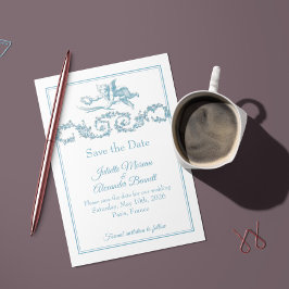 Reserva La Fecha Powder Blue Toile de Jouy Cherub Save the Date Car