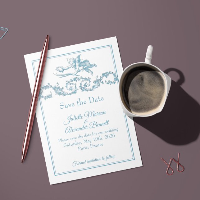 Reserva La Fecha Powder Blue Toile de Jouy Cherub Save the Date Car (Subido por el creador)