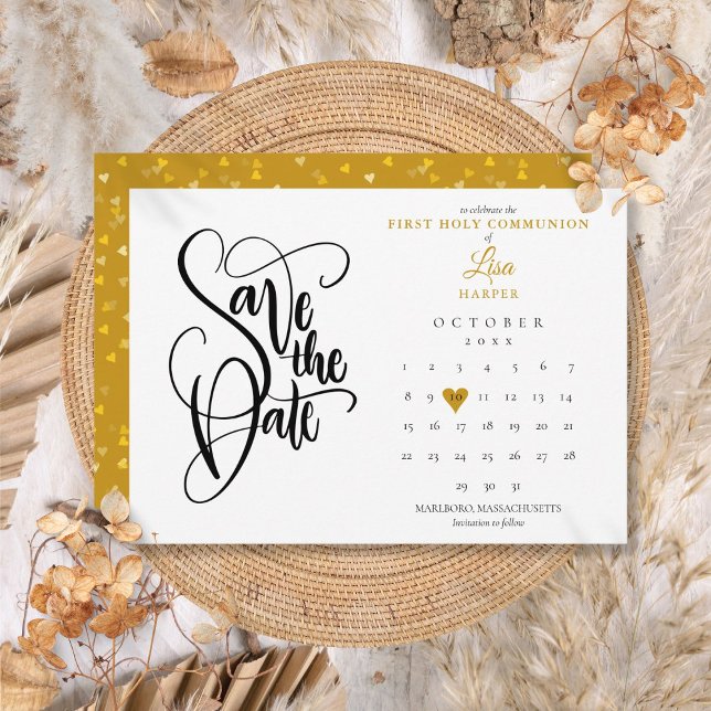 Reserva La Fecha Primer calendario de la comunión Gold Heart (First Holy Communion Calendar Gold Heart Save The Date)