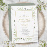 Reserva La Fecha Primera Comunidad Sagrada Elegante Vegetación<br><div class="desc">Con delicadas hojas de acuarela y un elegante crucifijo de oro,  esta moda neutral de género Primera Comunión Santa,  salvo la invitación de fecha,  puede ser personalizada con su información especial,  con un fondo de sabio plateado al revés. Diseñado por Thisisnotme©</div>