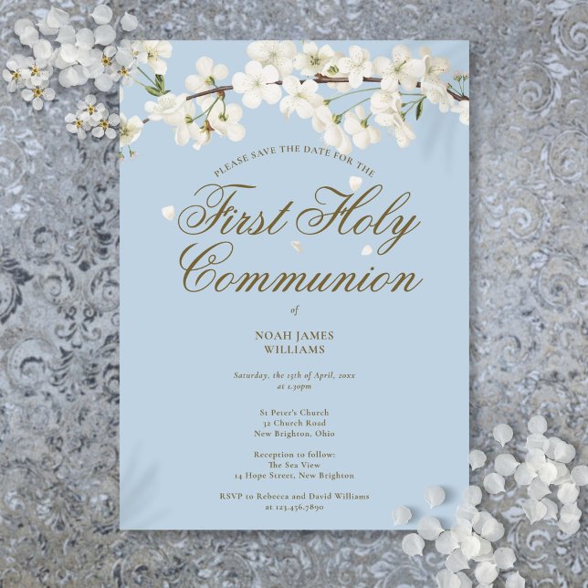Reserva La Fecha Primera Comunión Blanca Floral Azul Floral (First Holy Communion White Blossom Floral Blue Save The Date)