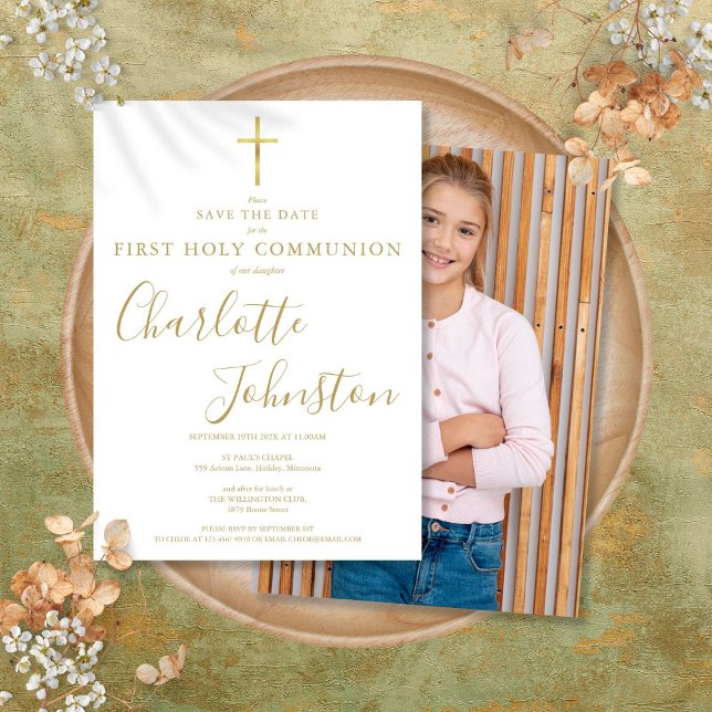 Reserva La Fecha Primera Comunión elegante con firma dorada Foto (Elegant First Holy Communion Gold Signature Photo Save The Date)