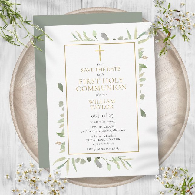 Reserva La Fecha Primera Comunión Elegante Verdor (First Holy Communion Elegant Greenery Save The Date)
