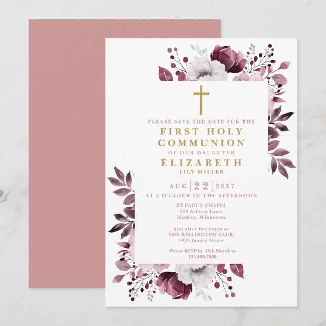 Reserva La Fecha Primera Comunión Floral Rosa Boho (Anverso / Reverso)