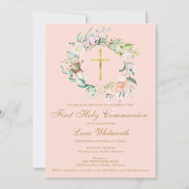 Reserva La Fecha Primera Comunión Gold Cross Floral Rubor Pink (Anverso)