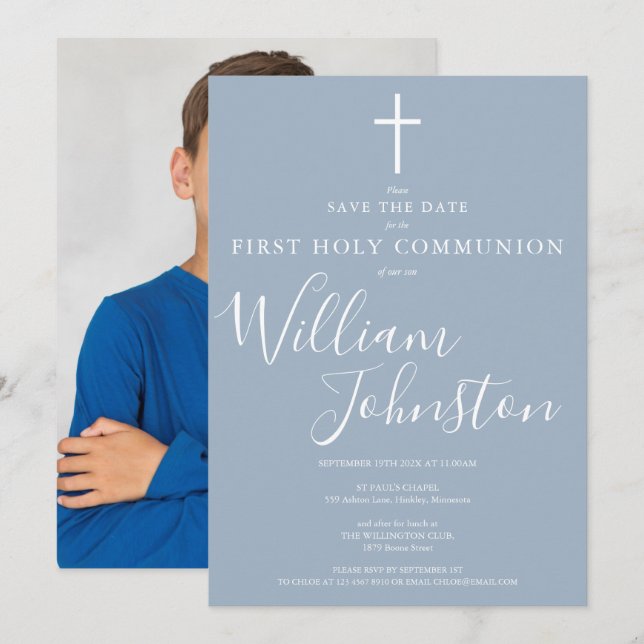 Reserva La Fecha Primera Comunión Polvo Script Foto Azul (Anverso / Reverso)