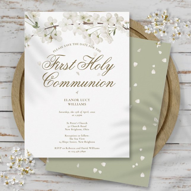 Reserva La Fecha Primera Comunión Sagrada Elegante Floral Blanca Bl (First Holy Communion Elegant White Blossom Floral Save The Date)