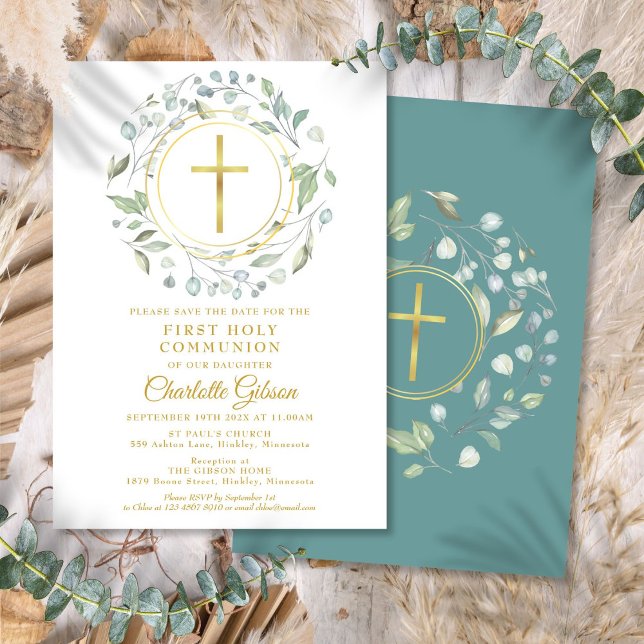Reserva La Fecha Primera Comunión Verde Cruz Dorada (First Holy Communion Greenery Gold Cross Save The Date)