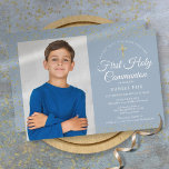 Reserva La Fecha Primera foto del polvo de oro azul de la comunión<br><div class="desc">Una elegante Primera Comunión salva la invitación de fecha con un delicado polvo de oro. Puede personalizar con sus detalles de celebración en texto de moda y una foto especial sobre un polvoriento fondo azul. Diseñado por Thisisnotme©</div>