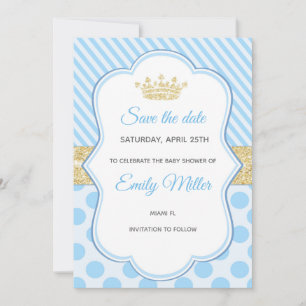 Reserva La Fecha Prince Baby Shower Save the Date Blue Gold Purpuri