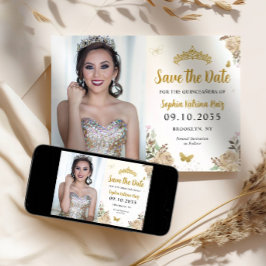Reserva La Fecha Princesa de oro floral Cumpleaños Quinceanera Foto