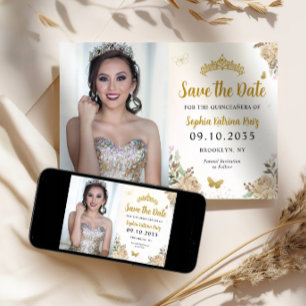 Reserva La Fecha Princesa de oro floral Cumpleaños Quinceanera Foto