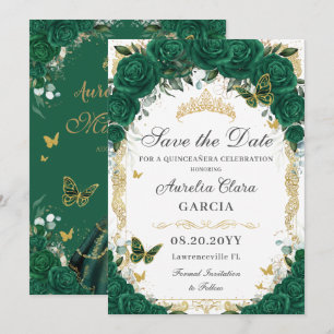 Reserva La Fecha Princesa de oro floral verde esmeralda de Quinceañ
