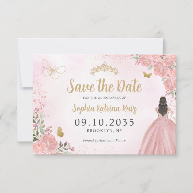 Reserva La Fecha Princesa de oro rosa floral Cumpleaños Quinceanera (Anverso)