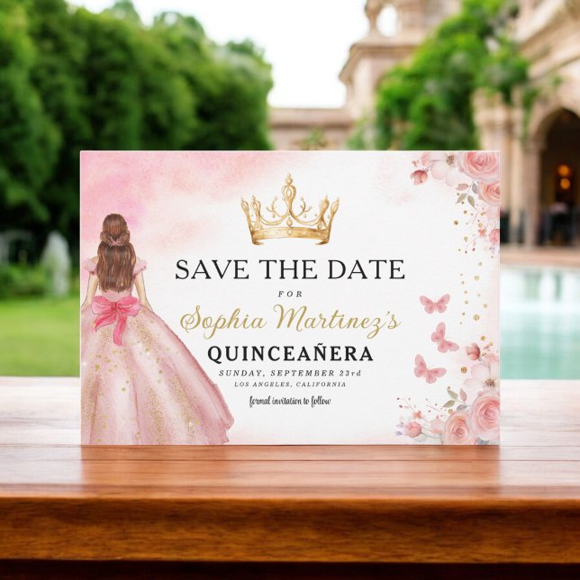 Reserva La Fecha Princesa de oro rosa floral Cumpleaños Quinceanera (Subido por el creador)