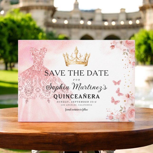Reserva La Fecha Princesa de oro rosa floral Cumpleaños Quinceanera (Subido por el creador)