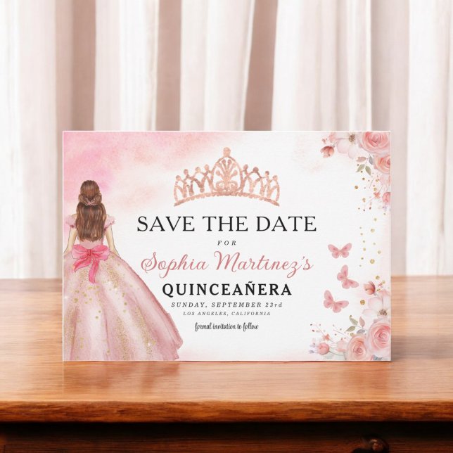 Reserva La Fecha Princesa de oro rosa floral Cumpleaños Quinceanera (Subido por el creador)