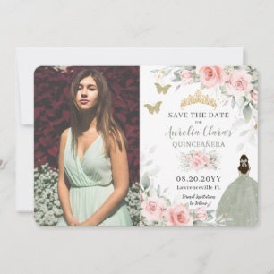 Reserva La Fecha Princesa Floral Rosa de Rubor Sage Green Quinceañe