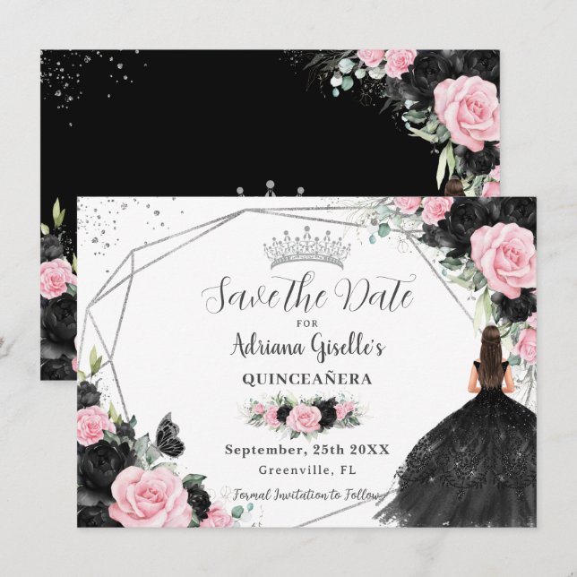 Reserva La Fecha Princesa floral rosa negra Plata Quinceañera (Anverso / Reverso)