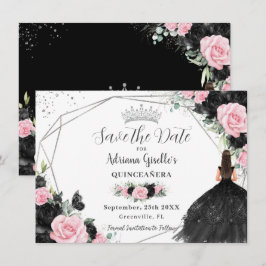 Reserva La Fecha Princesa floral rosa negra Plata Quinceañera