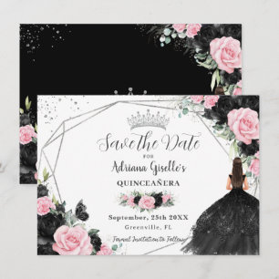 Reserva La Fecha Princesa floral rosa negra Plata Quinceañera