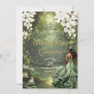 Reserva La Fecha Princesa Morena y Rana Sabio Verde Quinceañera 16
