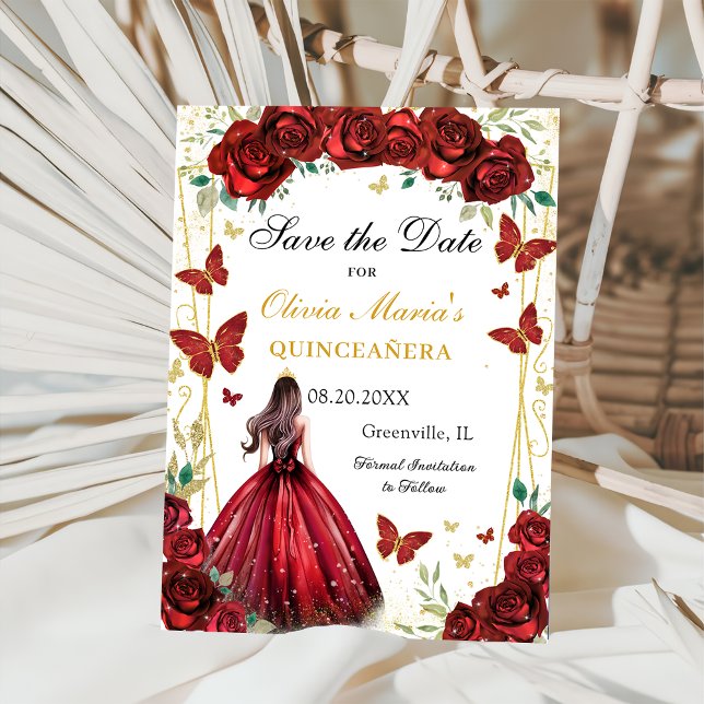 Reserva La Fecha Princesa Quinceanera floral de rosa roja chic (Subido por el creador)