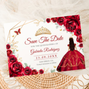 Reserva La Fecha Princesa Quinceañera Rosas Rojas Doradas