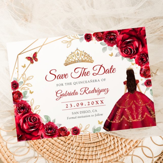 Reserva La Fecha Princesa Quinceañera Rosas Rojas Doradas (Subido por el creador)