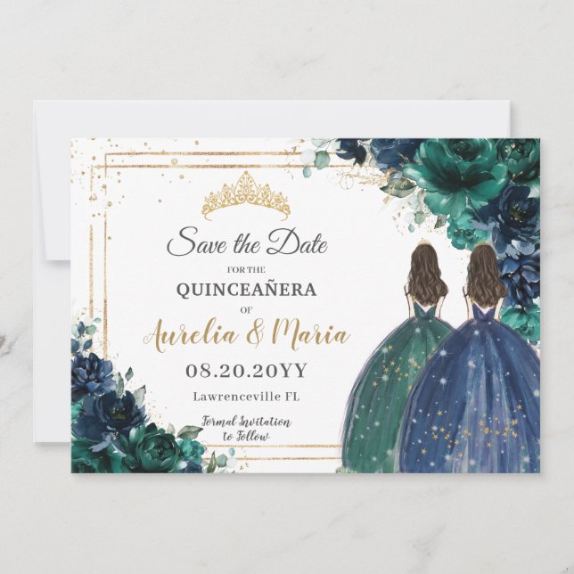 Reserva La Fecha Princesas florales de la Marina Verde Esmeralda Qu (Anverso)
