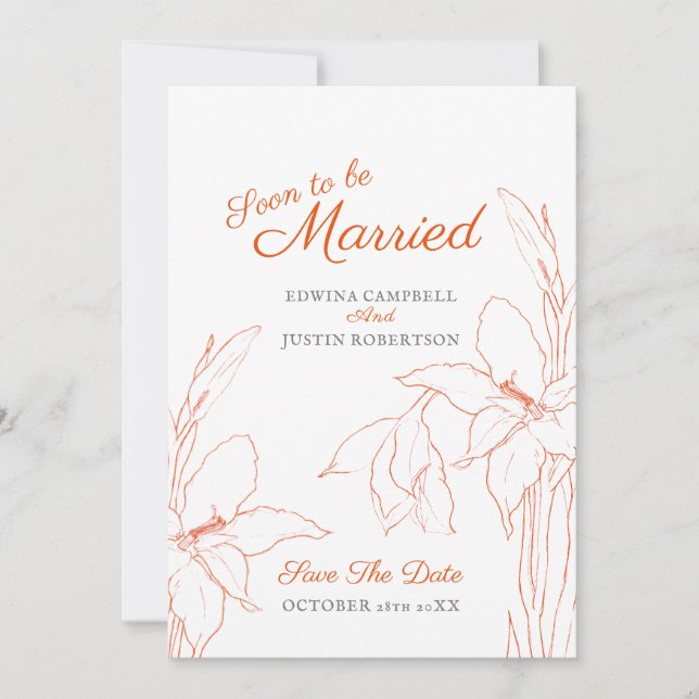 Reserva La Fecha Pronto para casarse botanica arte gladiolo naranja (Anverso)