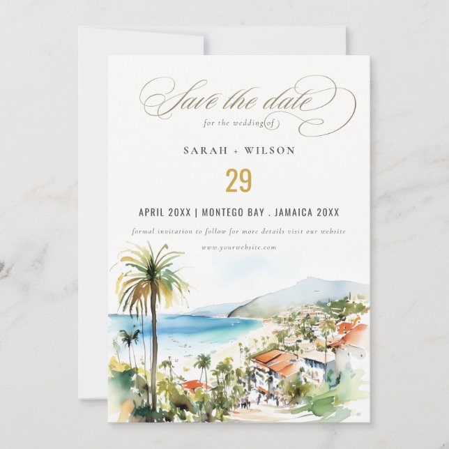 Reserva La Fecha Puerto Vallarta Mexico Watercolor Scape Wedding (Anverso)
