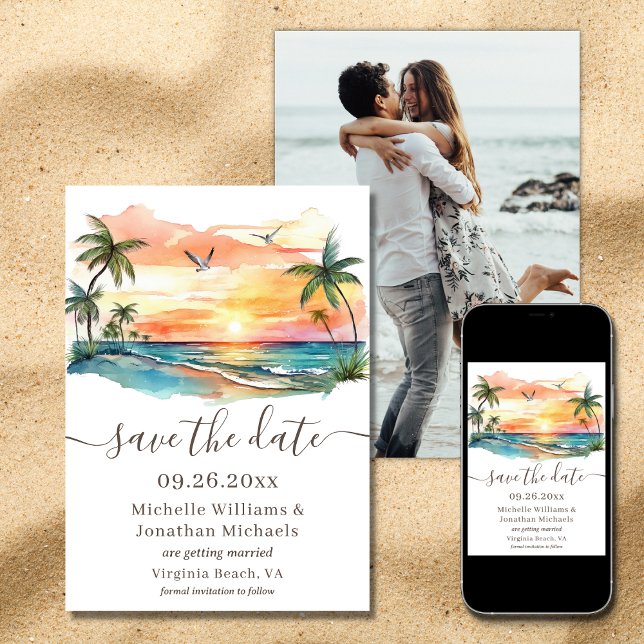 Reserva La Fecha Puesta de sol tropical en acuarela foto boda (Printed and Digital - Watercolor Tropical Beach Sunset Photo Wedding Save The Date)