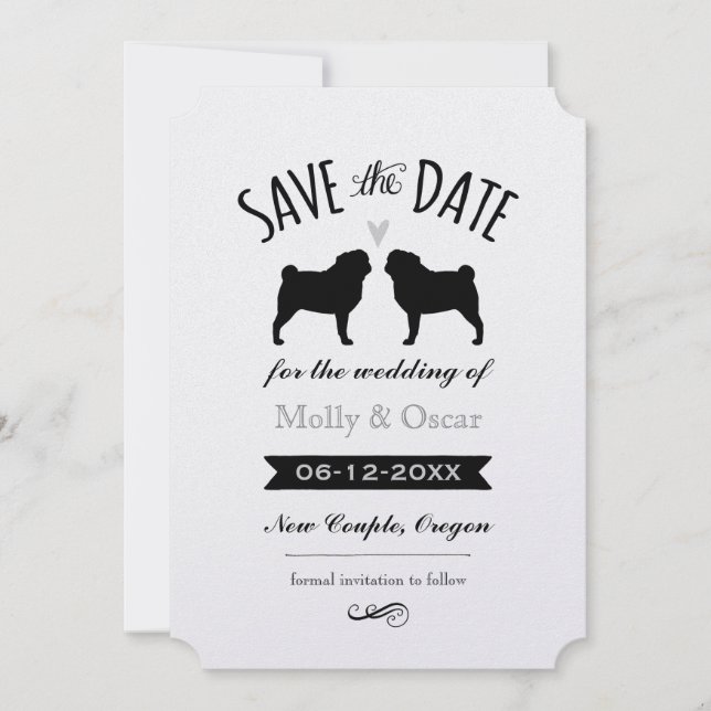 Reserva La Fecha Pug Silhouettes Wedding Save the Date Invitation (Anverso)