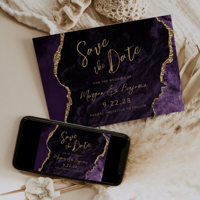 Reserva La Fecha Purple Agate Script Wedding Guardar la fecha (Subido por el creador)