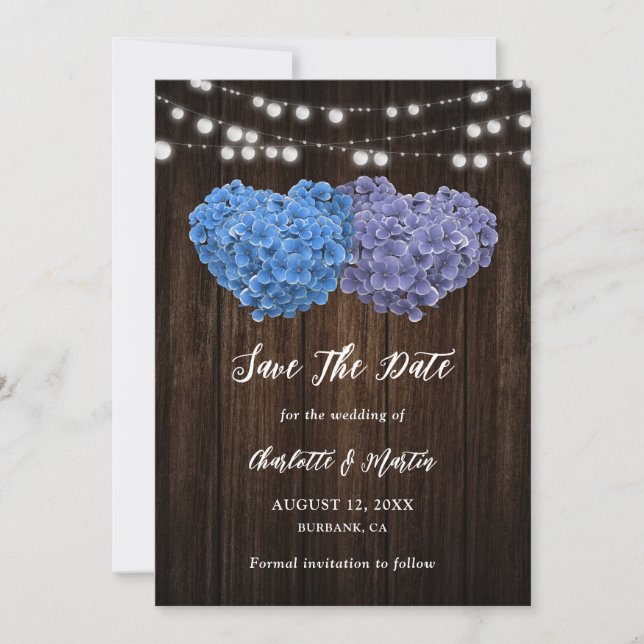 Reserva La Fecha Purple and Blue Rustic Wood Floral Hearts Wedding (Anverso)