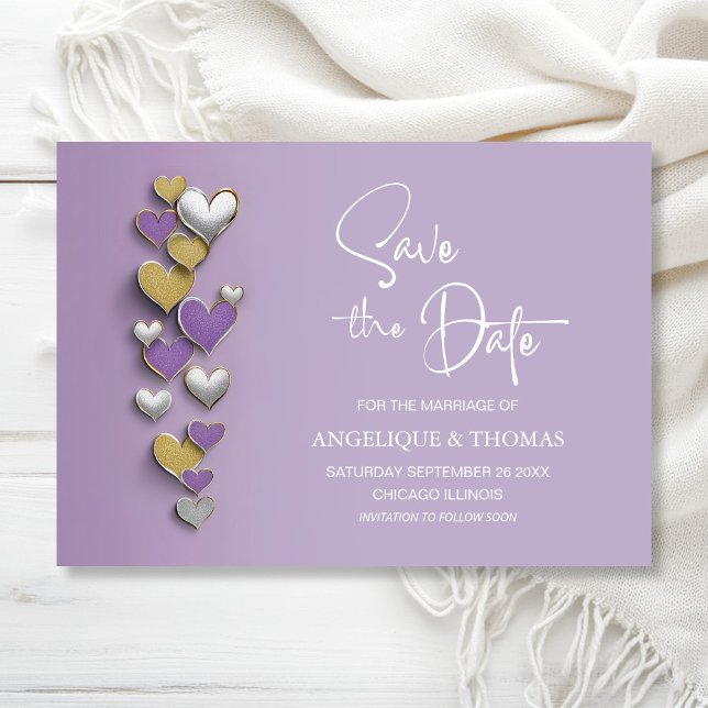 Reserva La Fecha Purple and Gold Hearts Wedding Save the Date (Subido por el creador)
