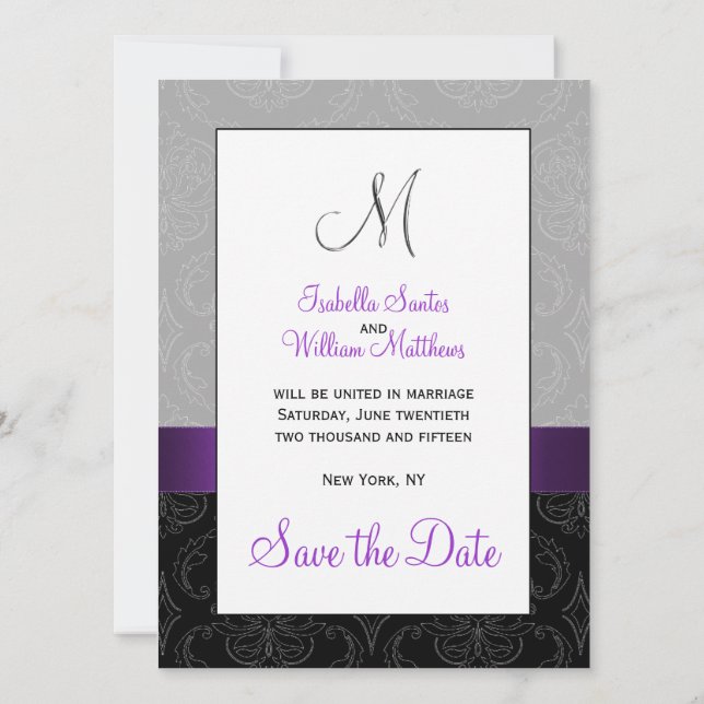 Reserva La Fecha Purple Black Damask Silver First Save the Date (Reverso)