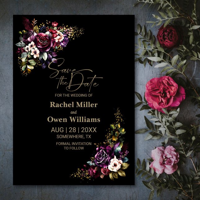 Reserva La Fecha Purple Burgundy Black Floral Wedding Save the Date (Subido por el creador)