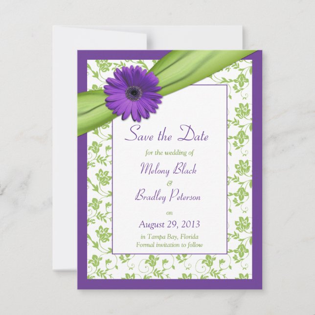Reserva La Fecha Purple Daisy Green Floral Damask Save the Date (Anverso)