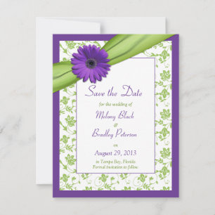 Reserva La Fecha Purple Daisy Green Floral Damask Save the Date