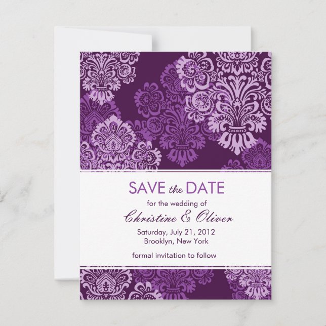Reserva La Fecha Purple Eggplant Damask Save the Date (Anverso)