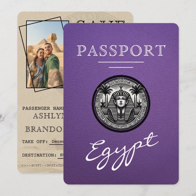 Reserva La Fecha Purple Egypt Passport Wedding Save the Date (Anverso / Reverso)