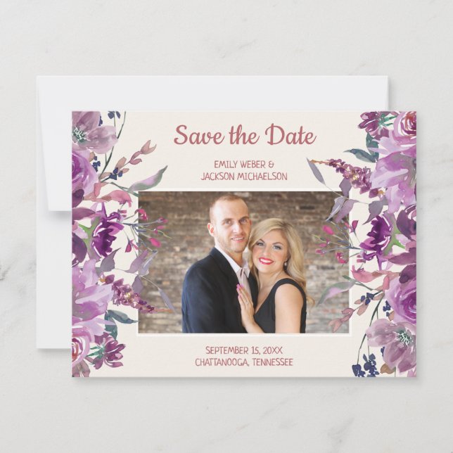 Reserva La Fecha Purple Floral Cream Boda Save Date Photo (Anverso)