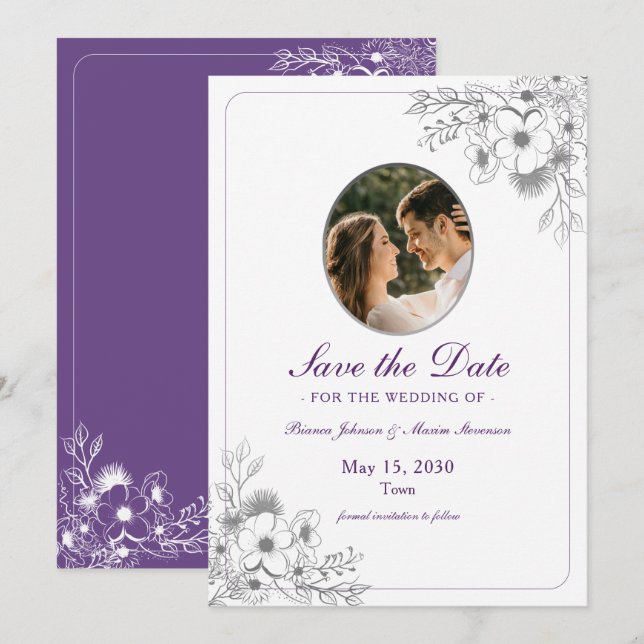 Reserva La Fecha Purple Floral Photo (Anverso / Reverso)