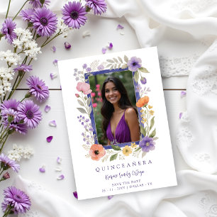 Reserva La Fecha  Purple Floral Spanish Elegant Photo Quinceanera